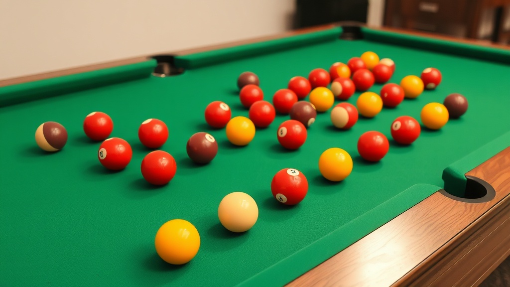 표준 규격의 당구대 위에 빨강 노랑 흰색 공이 배치된 경기 준비 상태의 모습