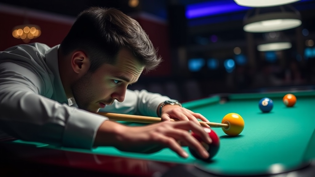 선수가 큐를 잡고 3쿠션 샷을 준비하는 경기 중 모습